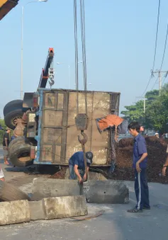 Bình Dương: Xe chở vỏ hạt điều tông dải phân cách, lật giữa đường