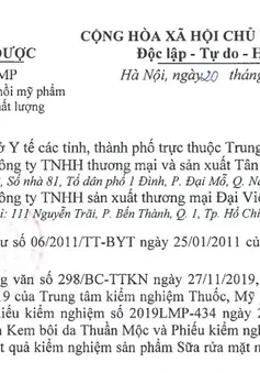 Thu hồi hai lô mỹ phẩm Kem bôi da Thuần Mộc và Sữa rửa mặt nha đam E100