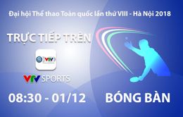 Bóng bàn Đại hội Thể thao toàn quốc 2018: VTV Sports trực tiếp các nội dung chung kết đơn nam và đơn nữ (8h30 ngày 1/12)