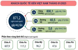 Tháng đầu năm 2023: Việt Nam đón hơn 871.000 lượt khách quốc tế