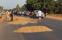 Dầu điều đổ ra đường khiến người dân té ngã, CSGT kịp thời xử lý