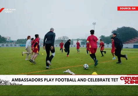 Ambassadors play football and celebrate Tết