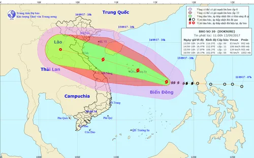 Bão số 10 tăng cấp liên tục, hướng về vùng biển Bắc Trung Bộ
