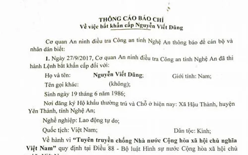 Nghệ An : Bắt đối tượng có hành vì tuyên truyền chống nhà nước