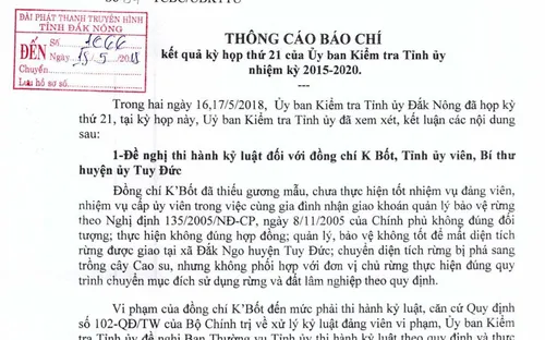 Uỷ ban Kiểm tra Tỉnh ủy Đắk Nông đề nghị kỷ luật hàng loạt cán bộ