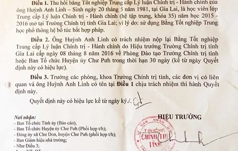 Gia Lai: Thu hồi bằng Trung cấp Chính trị của học viên dùng bằng tốt nghiệp THPT giả