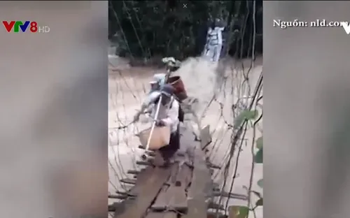Lâm Đồng: Người dân mạo hiểm vượt nước lũ bằng cầu treo