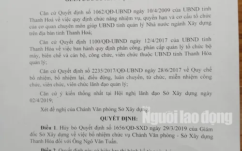 Không bổ nhiệm ông Ngô Văn Tuấn làm Chánh văn phòng Sở Xây dựng