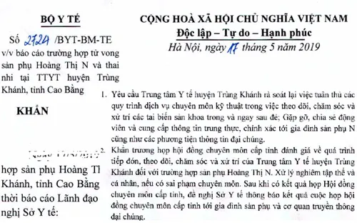 Bộ Y tế yêu cầu báo cáo trường hợp tử vong mẹ và thai nhi tại Cao Bằng