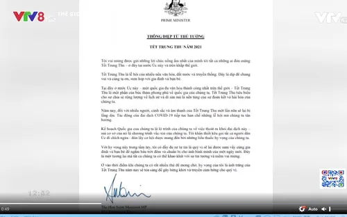 Thủ tướng Australia gửi thư chúc Tết Trung Thu bằng tiếng Việt