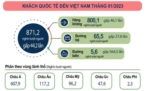 Tháng đầu năm 2023: Việt Nam đón hơn 871.000 lượt khách quốc tế
