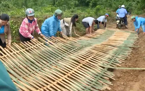 Người dân vùng cô lập đan tre lót đường để đi lại