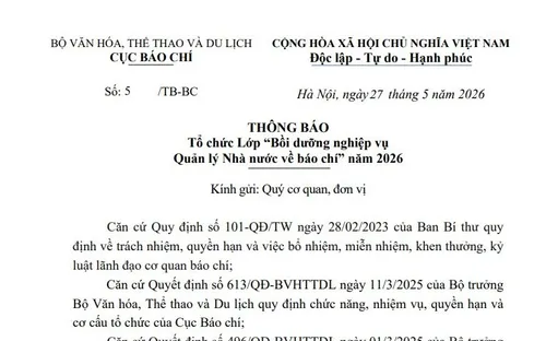 Tổ chức lớp “Bồi dưỡng nghiệp vụ Quản lý Nhà nước về báo chí” năm 2026