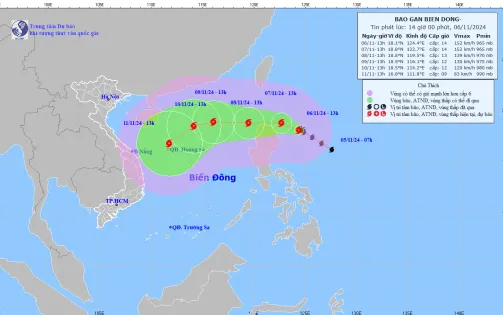 Bão Yinxing giật cấp 17 đang di chuyển hướng Tây gần Biển Đông