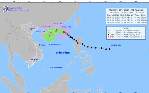 Bão số 8 mạnh cấp 9, giật cấp 11, di chuyển theo hướng Tây Tây Bắc