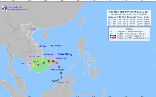 Bão số 10 giật cấp 10 trên khu vực phía Tây Bắc quần đảo Trường Sa