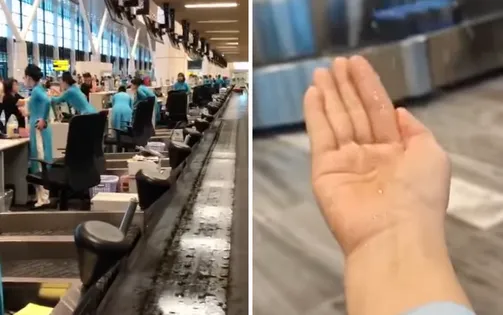 Nước mưa lại chảy từ trên mái xuống sàn Nhà ga T3