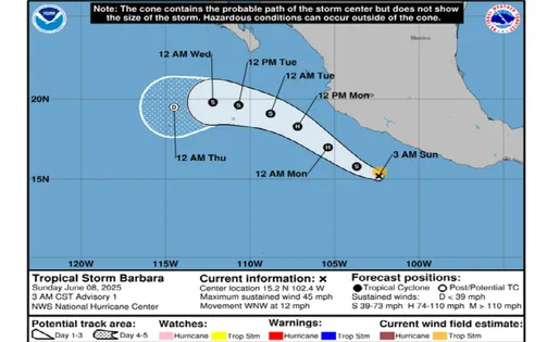 Bão nhiệt đới Barbara mạnh lên ngoài khơi bờ biển Mexico