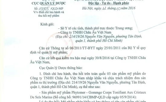 Thu hồi 3 loại mỹ phẩm của một công ty tại TP.HCM