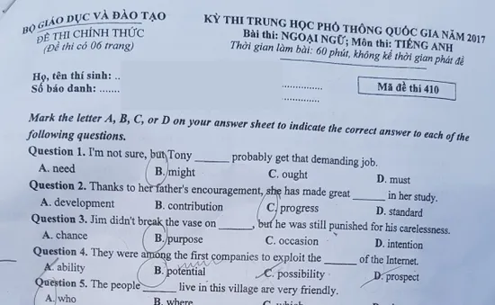 Đề thi và đáp án tham khảo môn Tiếng Anh kỳ thi THPT Quốc gia năm 2017