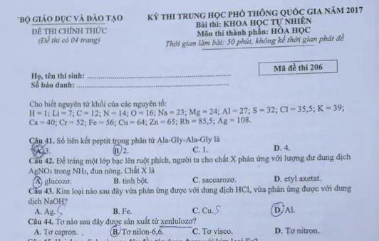 Đề thi tổ hợp môn Khoa học tự nhiên (Vật lý, Hóa, Sinh) của kỳ thi THPT Quốc gia 2017