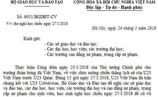 Xuất hiện công văn giả mạo Bộ GD&ĐT cho HS nghỉ học cổ vũ U23 Việt Nam