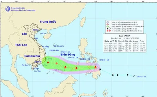 13h ngày 13/2, cường độ bão Sanba cấp 8, giật cấp 10