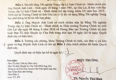 Gia Lai: Thu hồi bằng Trung cấp Chính trị của học viên dùng bằng tốt nghiệp THPT giả