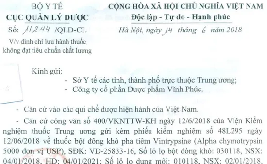 Đình chỉ lưu hành thuốc Vintrypsine không đạt tiêu chuẩn chất lượng