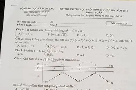 Đề thi trắc nghiệm môn Toán THPT quốc gia 2018