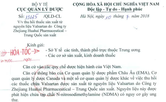 Thu hồi 23 loại thuốc sản xuất từ nguyên liệu chứa tạp chất gây ung thư