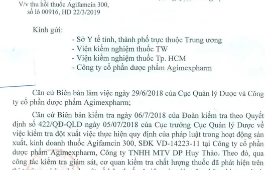 Thu hồi thuốc viên nang Agifamcin 300 giả