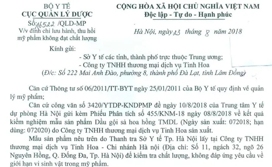 Đình chỉ lưu hành, thu hồi mỹ phẩm Dầu gội sả hoa hồng TMDL