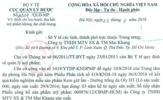 Đình chỉ lưu hành, thu hồi sản phẩm Kem giữ ẩm - Dưỡng trắng da Oly HT