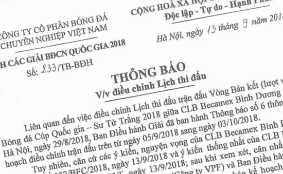 CHÍNH THỨC: Điều chỉnh lịch đá Bán kết Cúp QG giữa Becamex Bình Dương và CLB Hà Nội