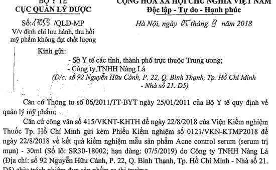 Đình chỉ lưu hành mỹ phẩm Acne control serum của Công ty Nàng Lá