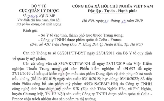 Thu hồi dung dịch vệ sinh phụ nữ trà xanh trầu không