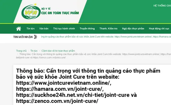 Cẩn trọng thông tin quảng cáo thực phẩm bảo vệ sức khỏe Joint Cure trên một số website