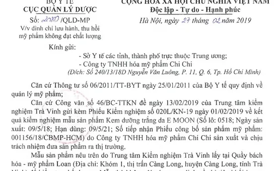 Đình chỉ lưu hành Kem dưỡng trắng da E MOON