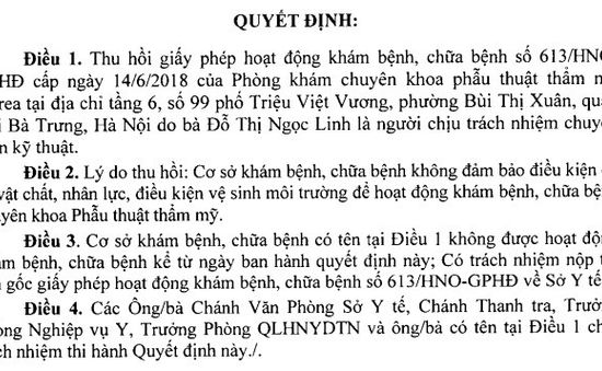 Hà Nội: Phòng khám chuyên khoa phẫu thuật thẩm mỹ Korea bị thu hồi giấy phép hoạt động