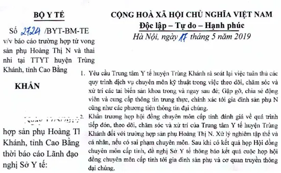 Bộ Y tế yêu cầu báo cáo trường hợp tử vong mẹ và thai nhi tại Cao Bằng