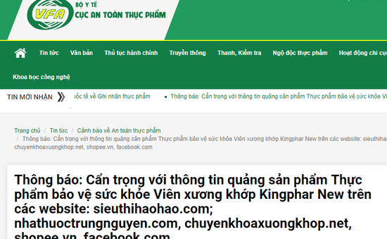 Cẩn trọng với sản phẩm Thực phẩm bảo vệ sức khỏe Viên xương khớp Kingphar New