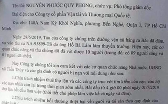 Chủ tàu hàng Pacific 01 thừa nhận đã đâm vào tàu cá Nghệ An