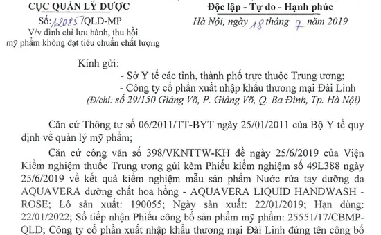 Thu hồi toàn quốc lô nước rửa tay Aquavera dưỡng chất hoa hồng