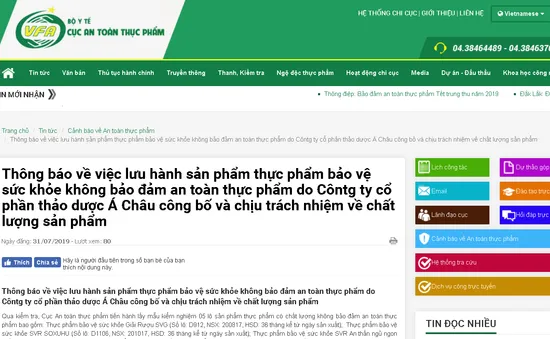 Thu hồi 5 lô sản phẩm của Công ty cổ phần thảo dược Á Châu