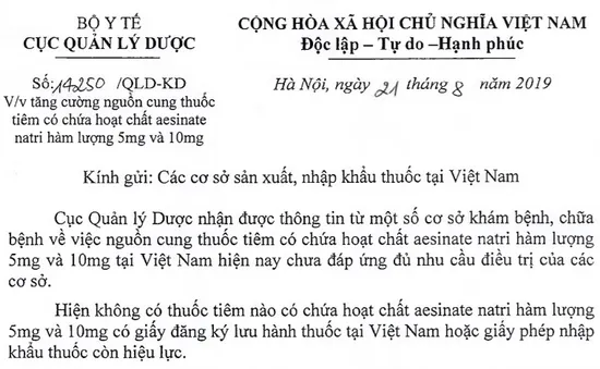 Tăng cường nguồn cung thuốc tiêm có chứa hoạt chất aesinate natri 5 và 10mg