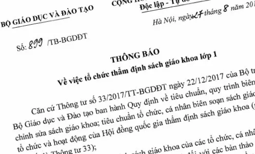 Bộ GD&ĐT thông báo tổ chức thẩm định sách giáo khoa lớp 1