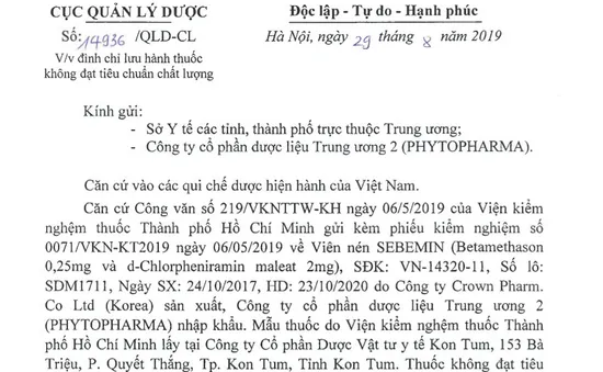 Đình chỉ lưu hành thuốc viên nén Sebemin