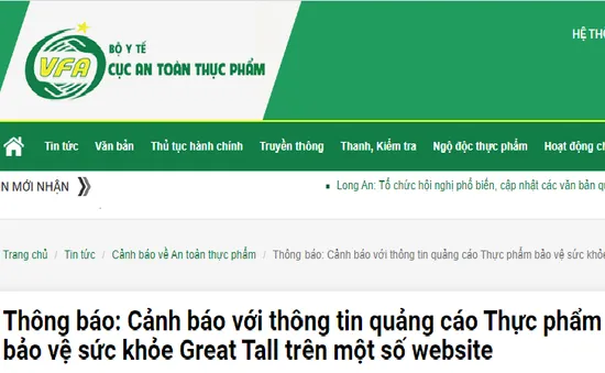 Thực phẩm bảo vệ sức khỏe Great Tall  quảng cáo lừa dối người tiêu dùng trên một số website