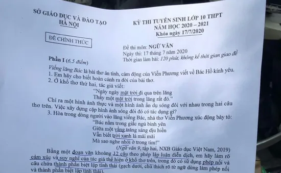 CHÍNH THỨC: Đề thi môn Ngữ văn vào lớp 10 THPT năm học 2020-2021 tại Hà Nội